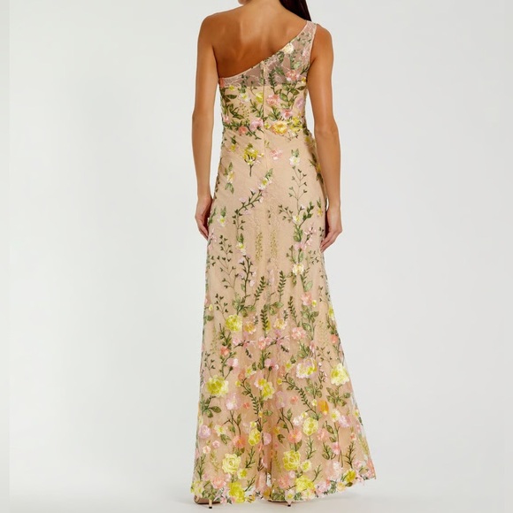 Mac Duggal One-Shoulder Embroidered Floral Gown in Pink and Yellow - Sz 14 - Picture 3 of 11